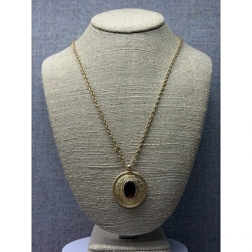 Vintage EMMONS Pendant Chain Necklace Faceted Amber Topaz Glass Gold Tone Signed